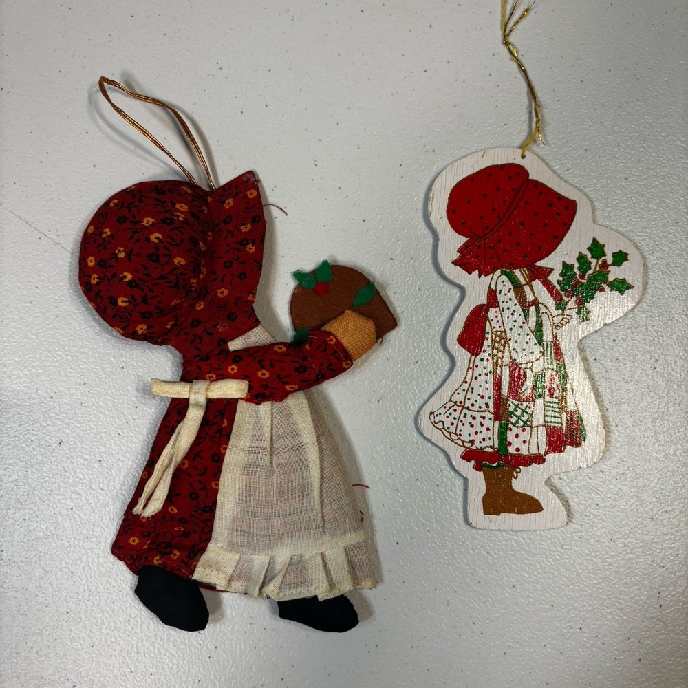 VTG Holly Hobbie Fabric & Wooden Christmas Doll Ornaments 7" American Greetings